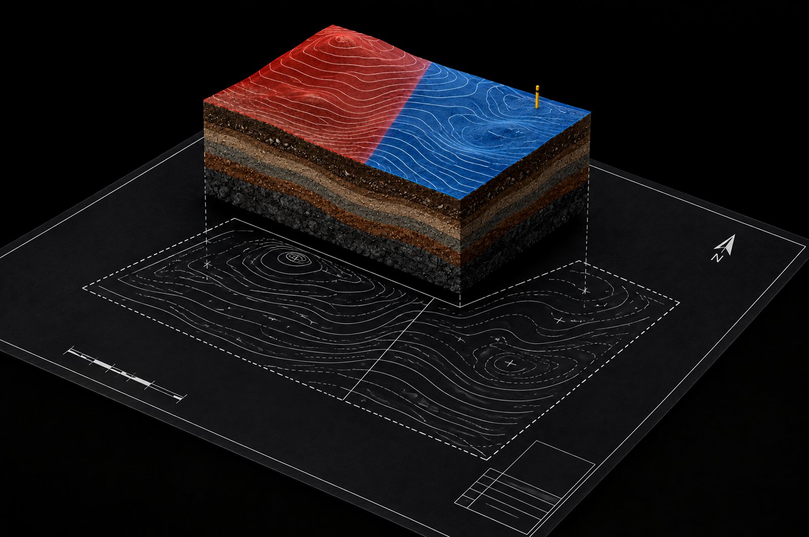 Illustration: a plan sheet and the model rising out of it, for CORE Earthwork